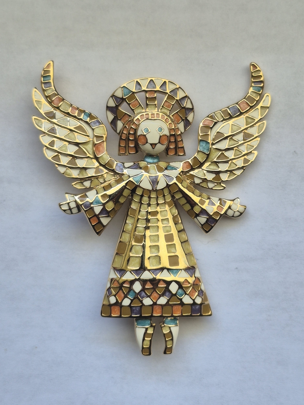 Vintage Bob Mackie Mosaic Angel Brooch Gold Tone Enamel Figural